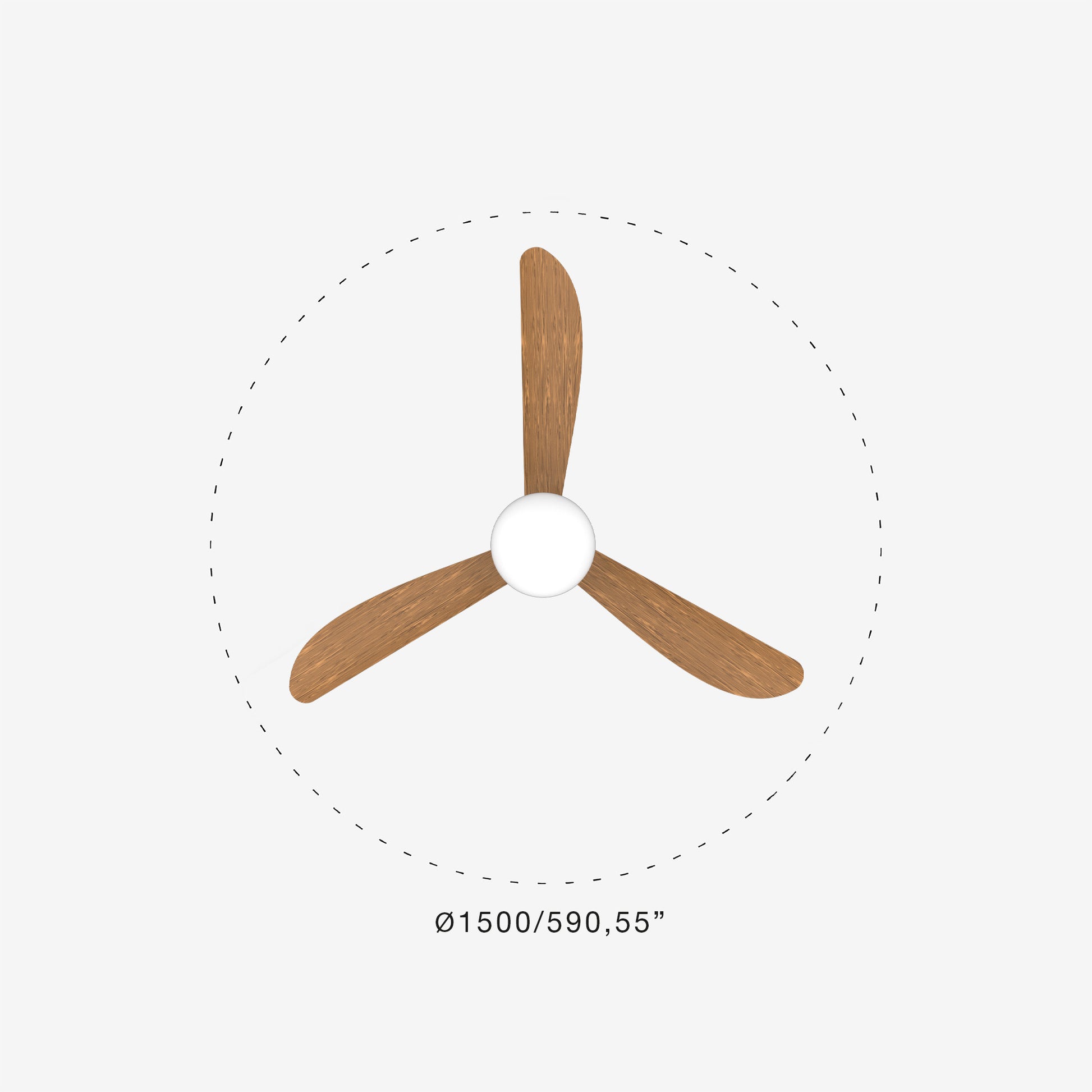 Wooden ceiling fan ip 44 with measurements on a white background