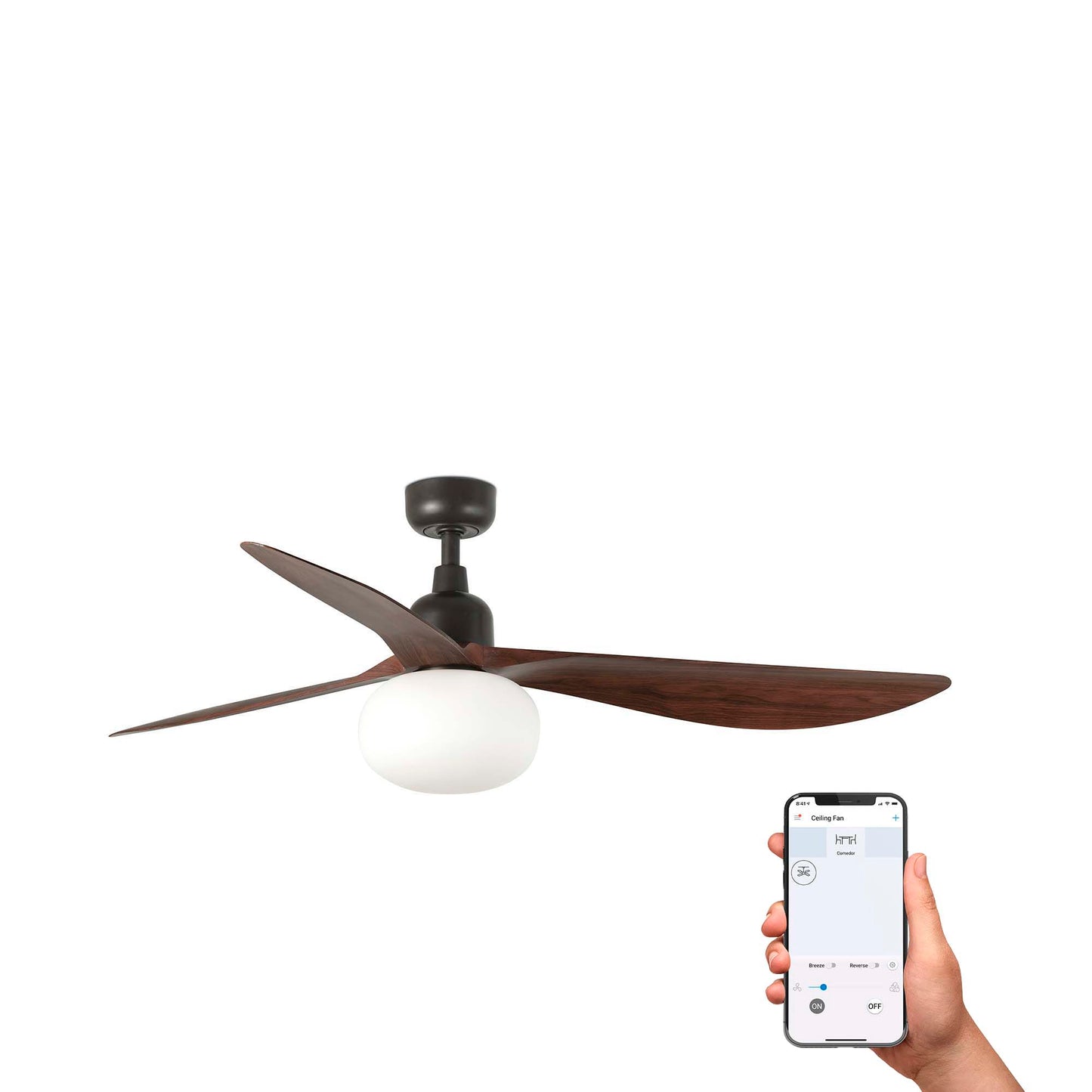 Ceiling fan with wooden blades and a hand holding a smartphone with app interface on a white background