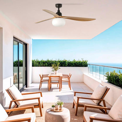 Outdoor patio with wooden furniture, table, and ceiling fan OUTWOOD Ø1500 BROWN 3B ROBLE 1XE27 TUYA