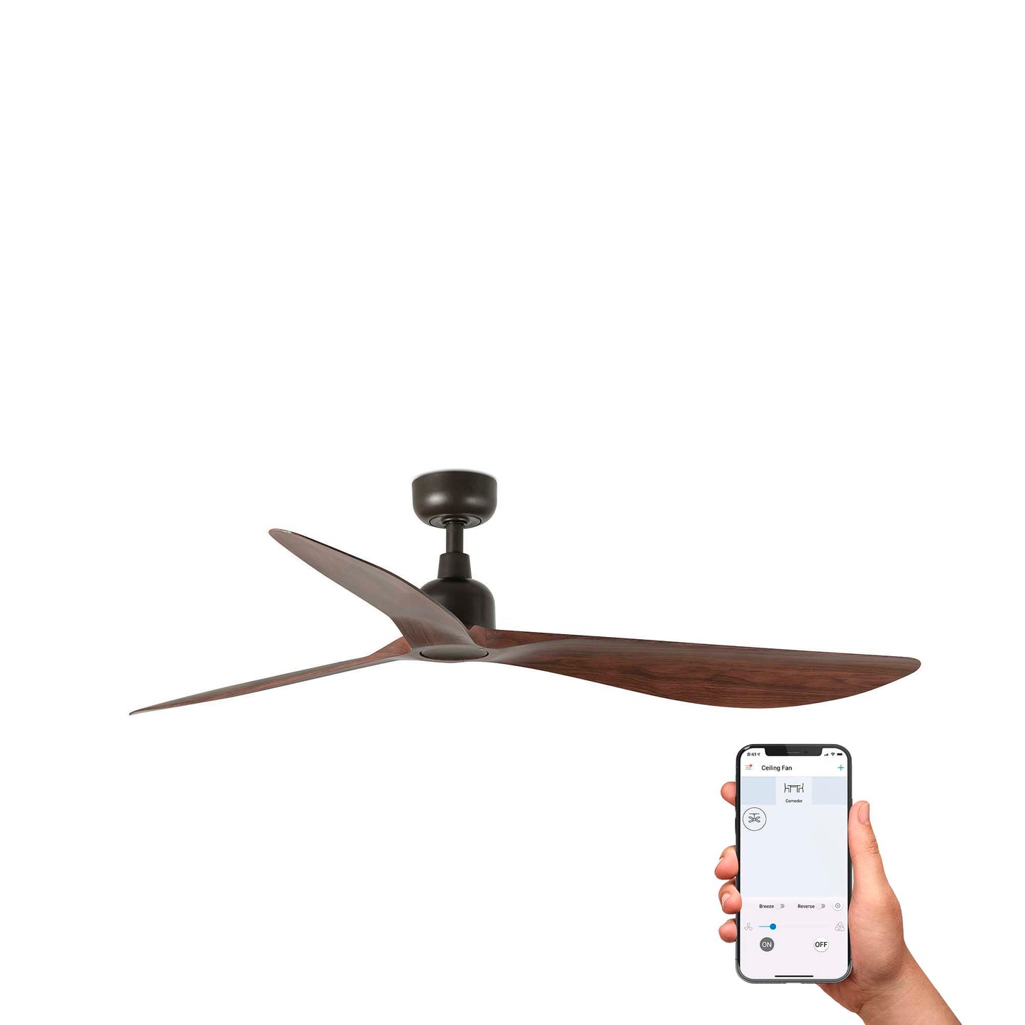 Ceiling fan with wooden blades and a hand holding a smartphone with app interface on a white background