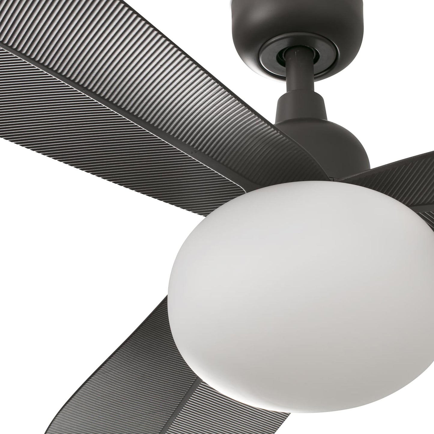 Close-up of a ceiling fan with a light bulb on a white background