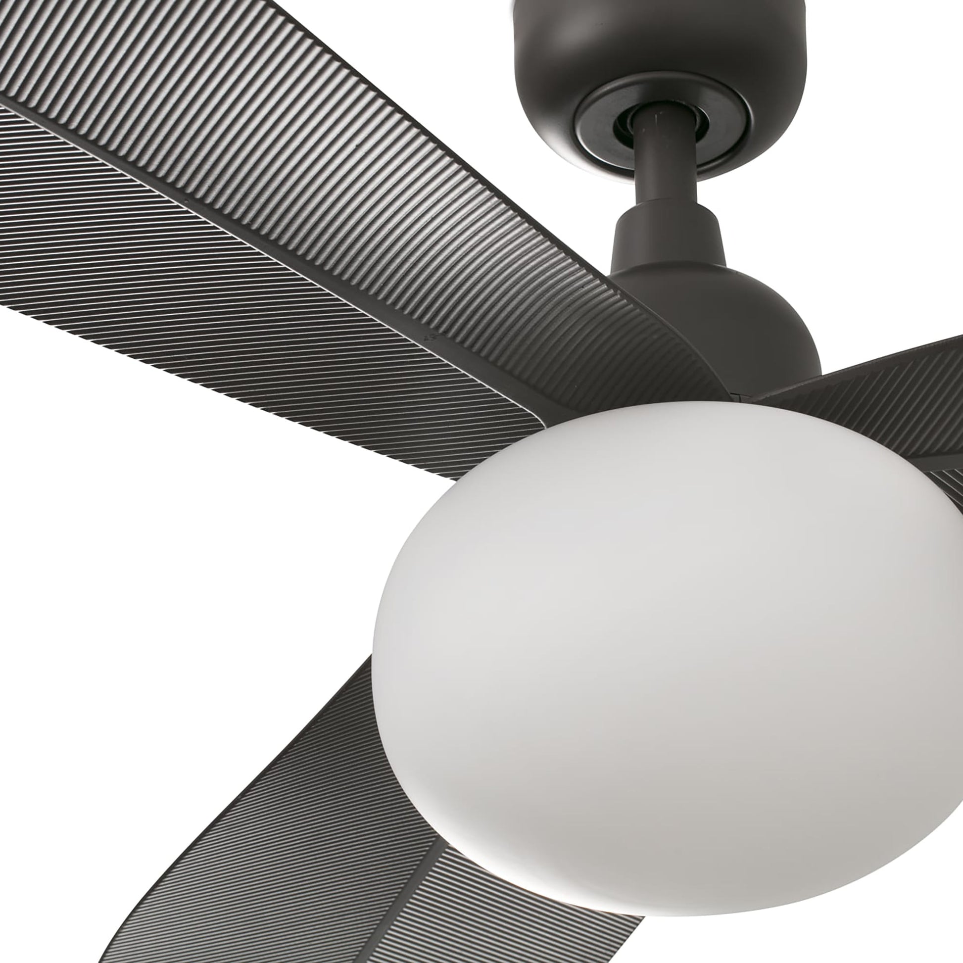 Close-up of a ceiling fan with a light bulb on a white background
