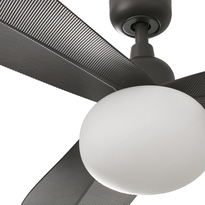 Close-up of a ceiling fan with a light bulb on a white background