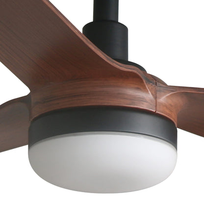 Close-up of a ceiling fan with wooden blades and black and white light fixture.