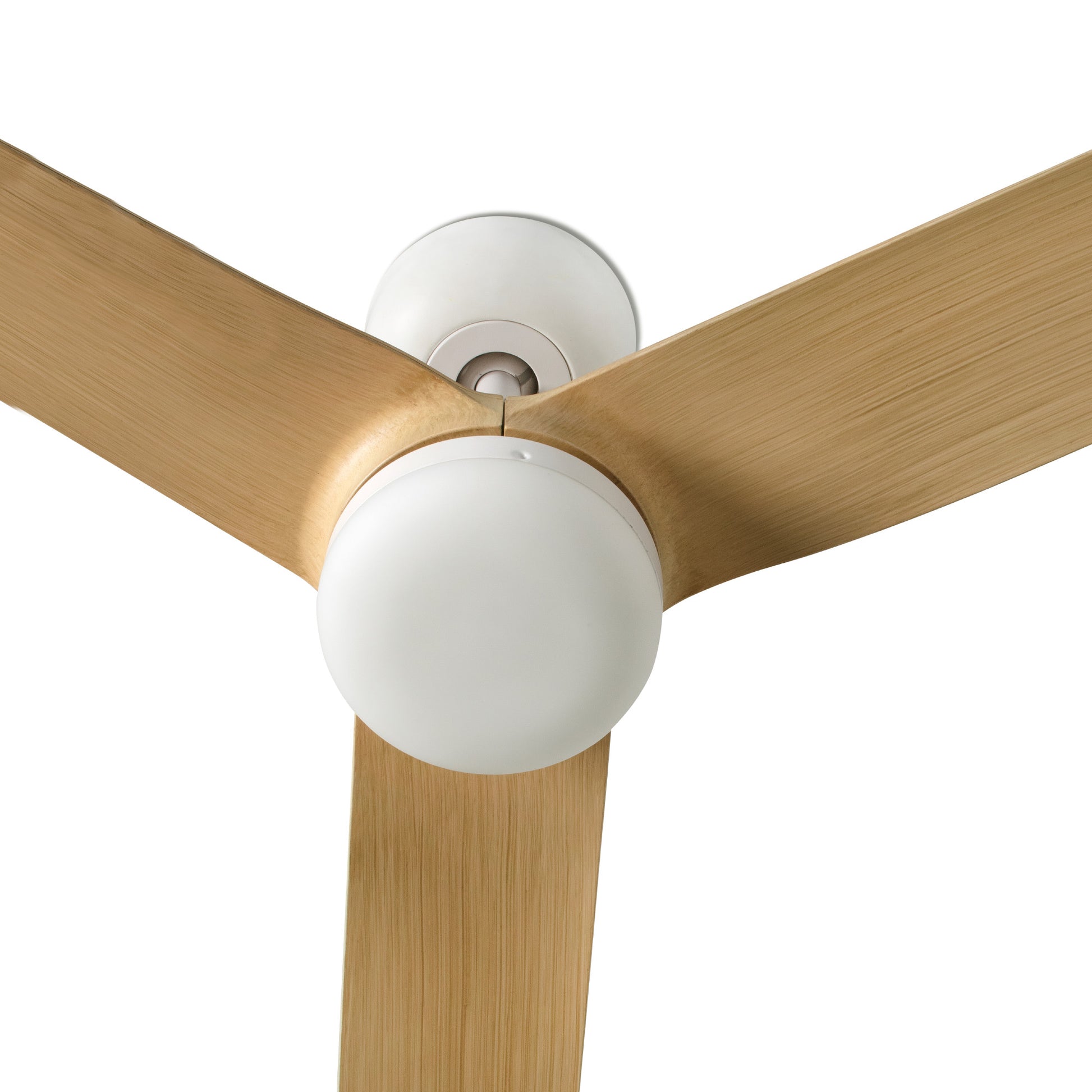 Ceiling fan with wooden blades and white hub on a white background
