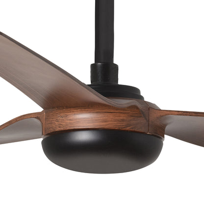 Ceiling fan with wooden blades and black metal hub on a white background