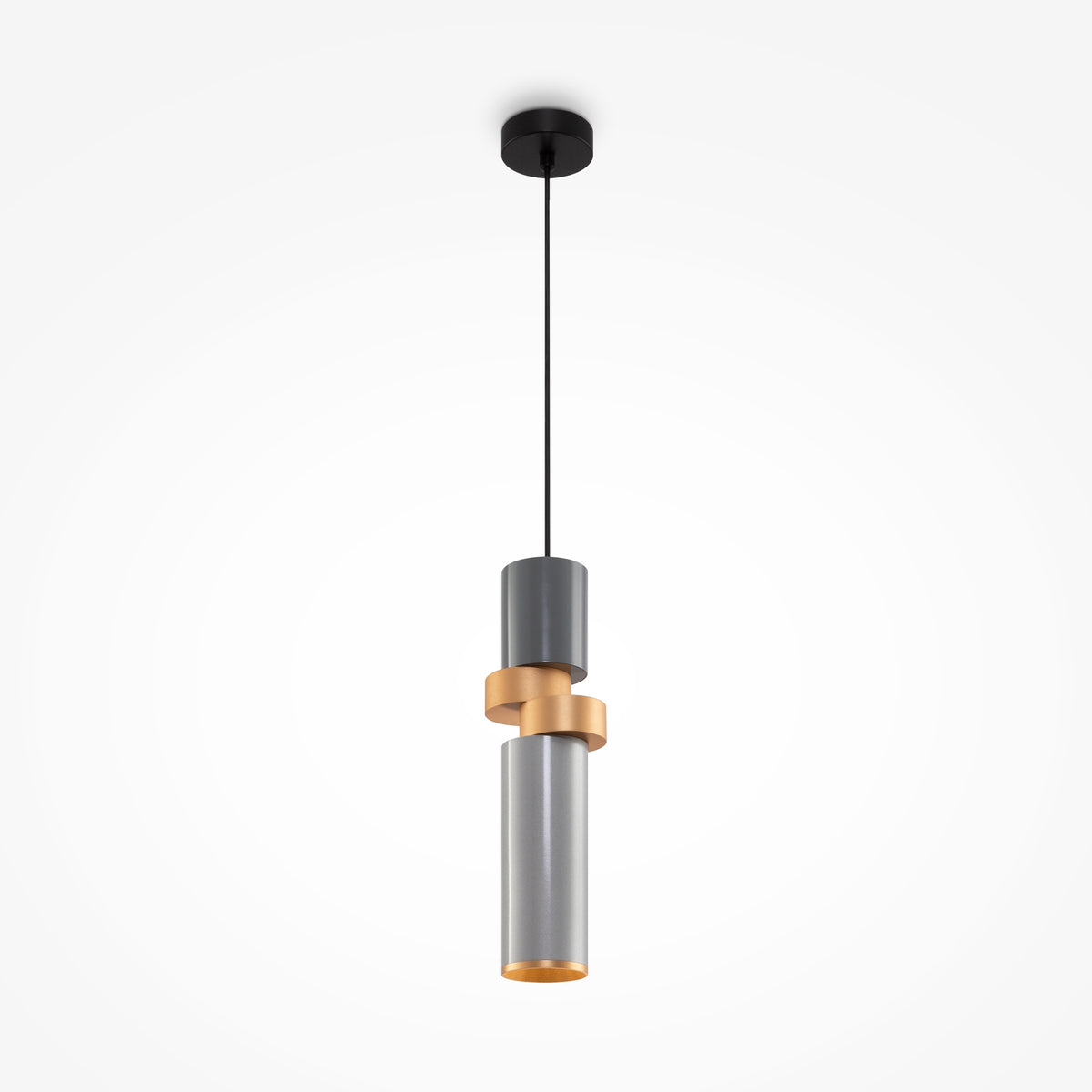 Modern pendant light with cylindrical design on a white background