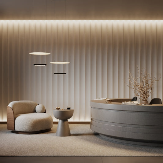 Modern interior with a round ottoman, floor lamp, and bathtub.