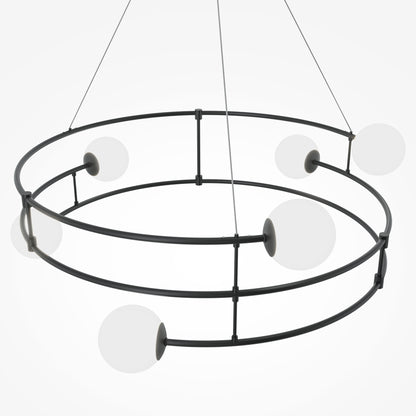 Modern chandelier with black metal frame and white spherical lights on a white background