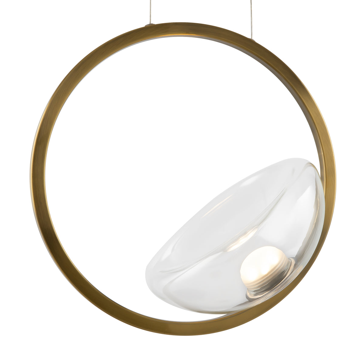 Pendant light with white shade and gold circular frame on a white background
