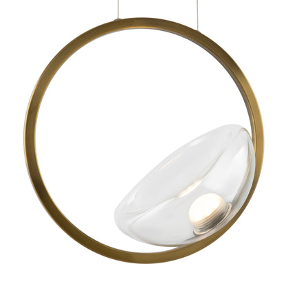 Pendant light with white shade and gold circular frame on a white background