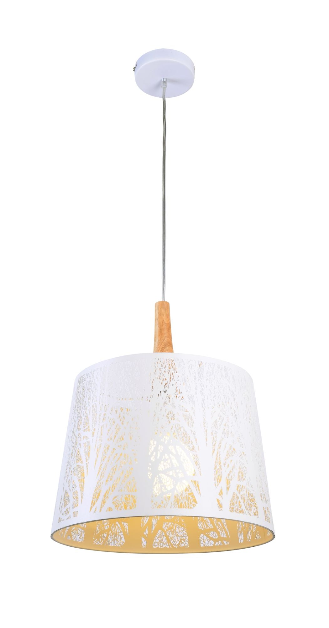 Pendant light with white lampshade and wooden fixture on a white background