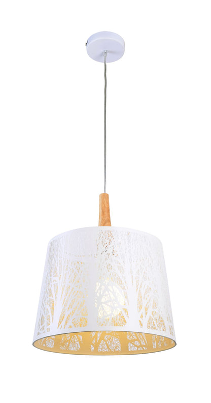 Pendant light with white lampshade and wooden fixture on a white background