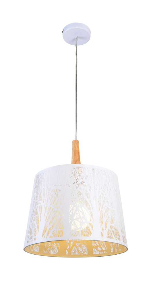 Pendant light with white lampshade and wooden fixture on a white background