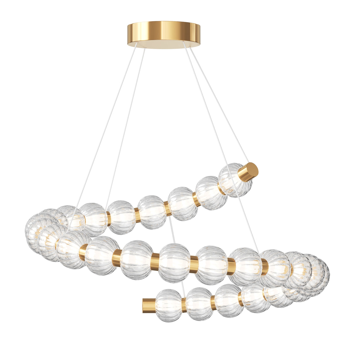 Modern chandelier with gold accents and clear glass spheres on a white background