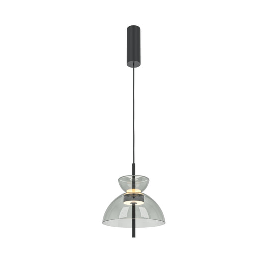 Modern pendant light with clear glass shade and black fixture on a white background