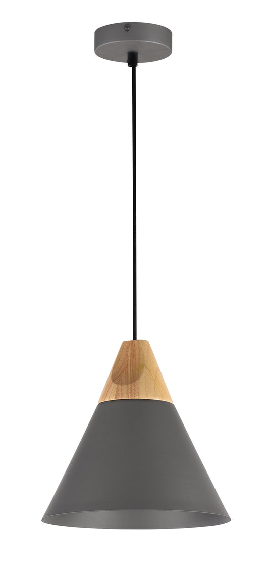 Pendant light with dark gray conical shade and wooden accent on a white background