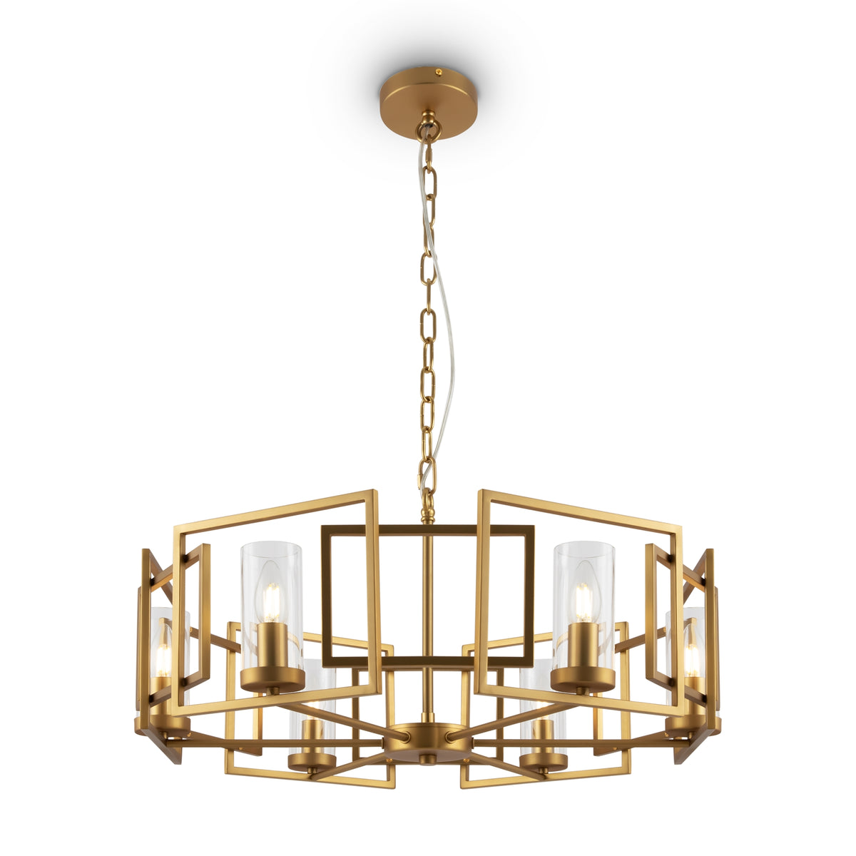 Gold chandelier with geometric design on a white background