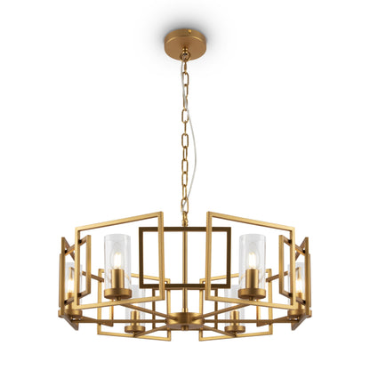 Gold chandelier with geometric design on a white background