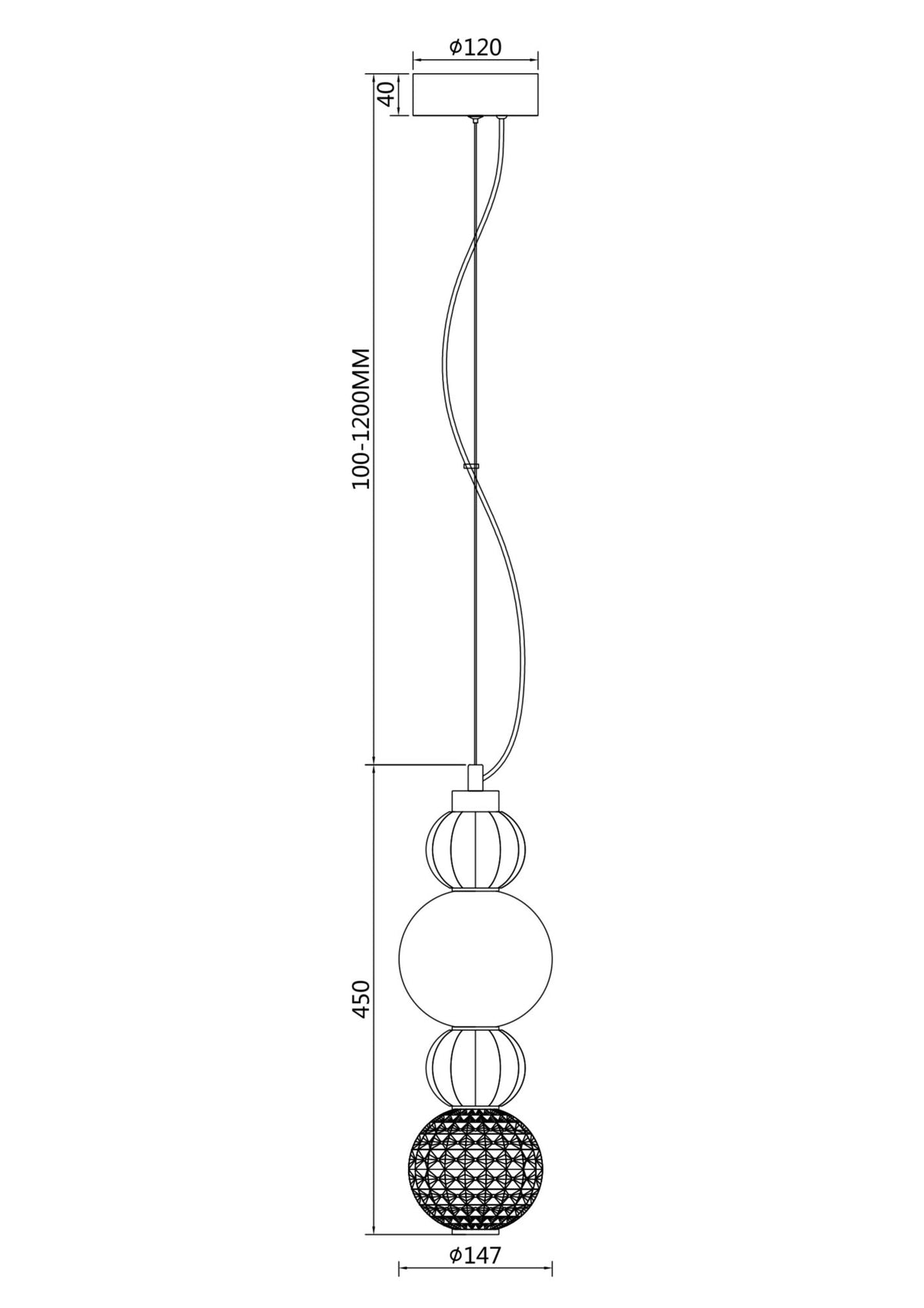 Technical dimension drawing of a hanging pendant light fixture with labeled measurements and circular cross-section details on a white background.