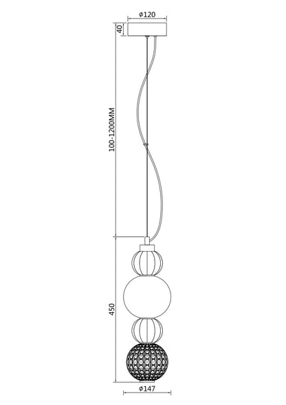 Technical dimension drawing of a hanging pendant light fixture with labeled measurements and circular cross-section details on a white background.