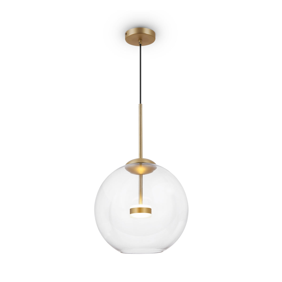 Modern pendant light with gold fixture and clear glass shade on a white background