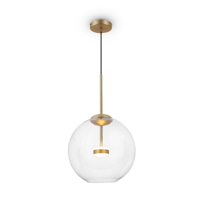 Modern pendant light with gold fixture and clear glass shade on a white background