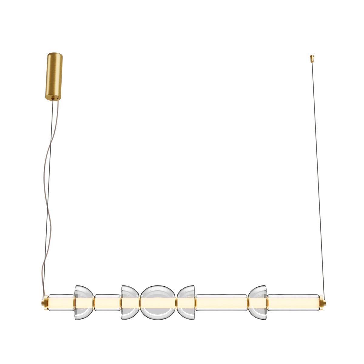 Modern pendant light with glass shades and gold accents on a white background
