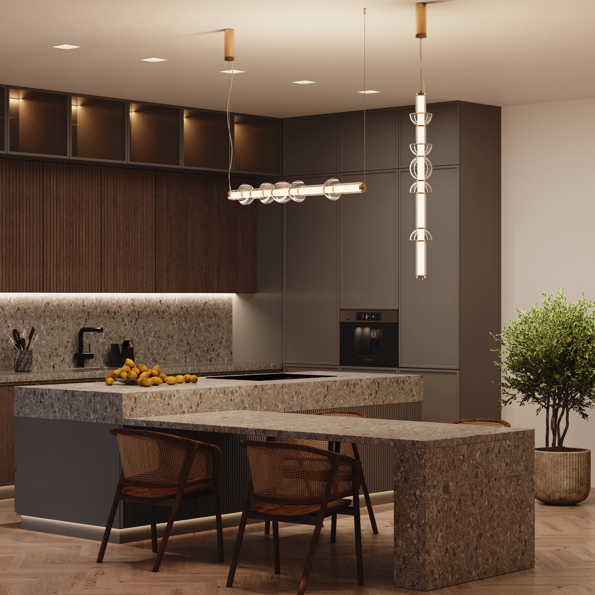 Modern kitchen with a island, chairs, and decorative elements.