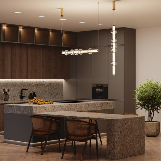 Modern kitchen with a island, chairs, and decorative elements.