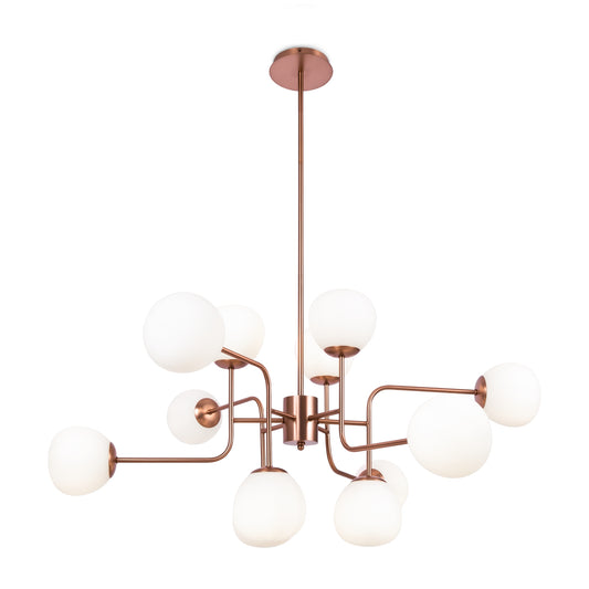 Modern chandelier with copper finish and white glass spheres on a white background