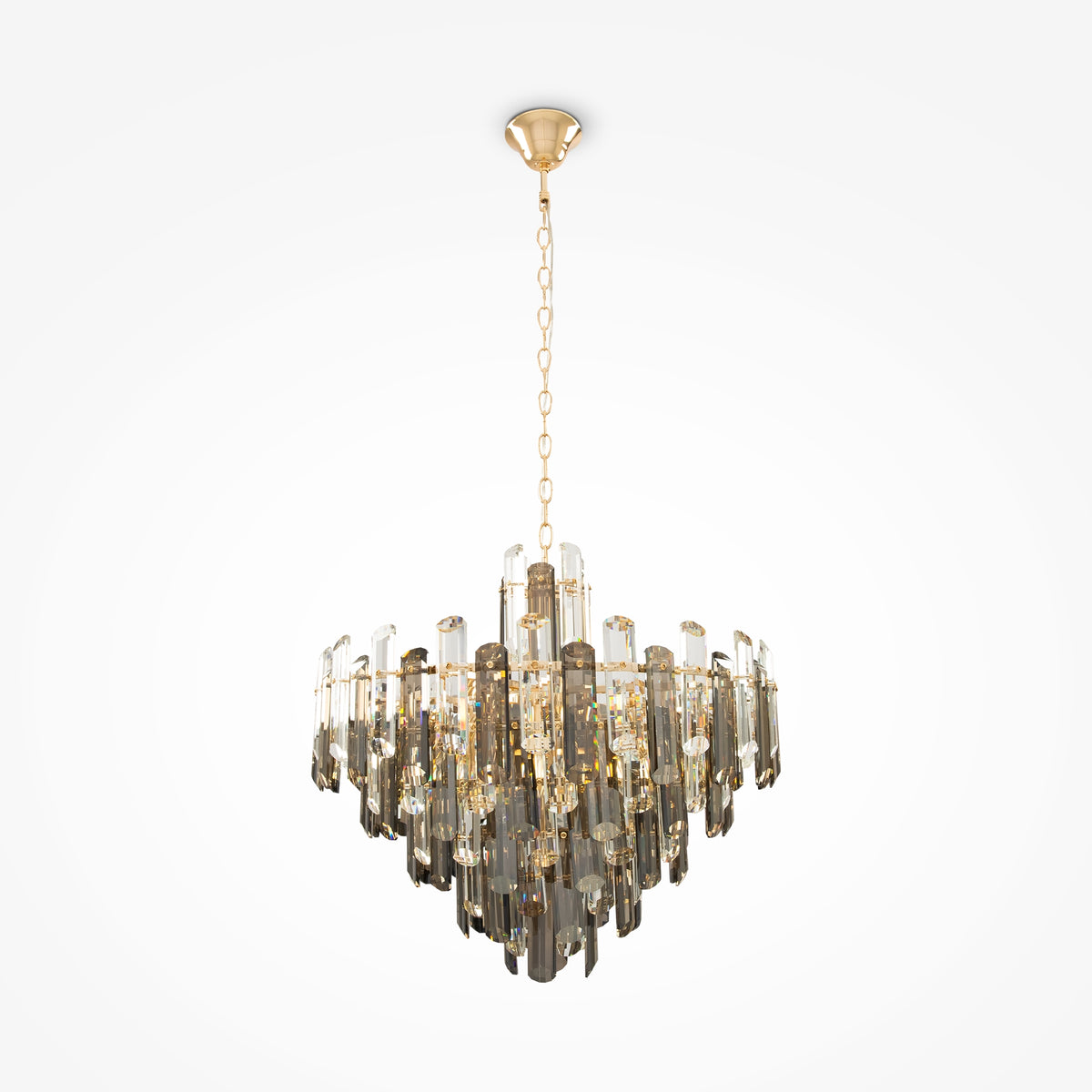 Decorative chandelier with clear and gold elements on a white background