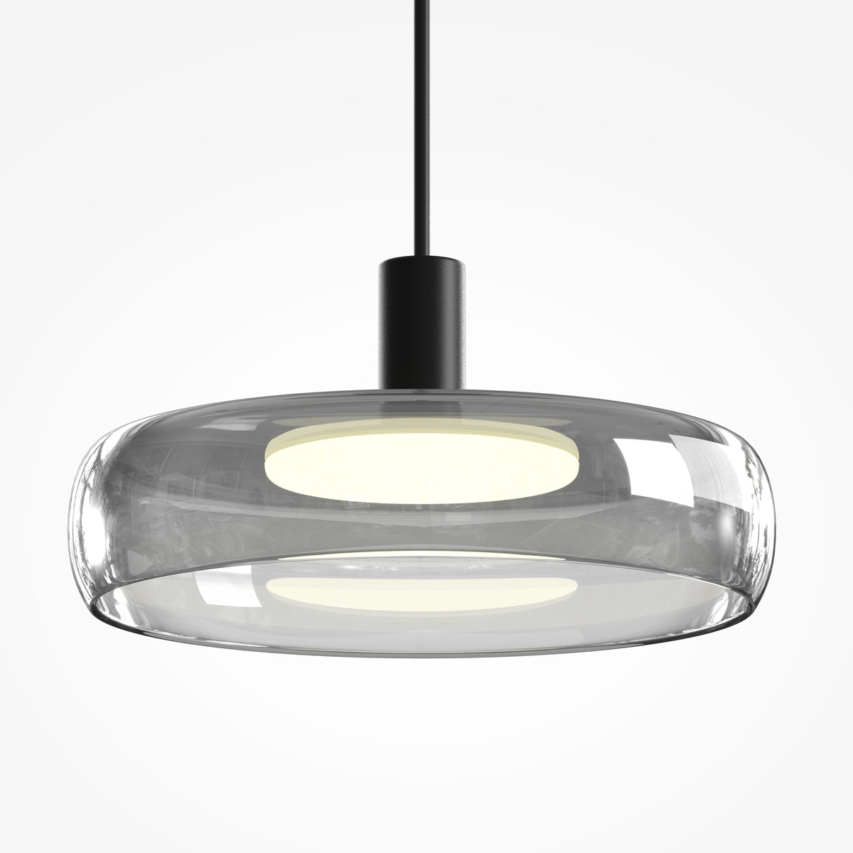Modern pendant light with glass shade and black fixture on a white background