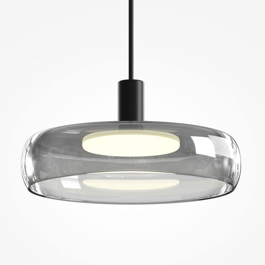 Modern pendant light with glass shade and black fixture on a white background