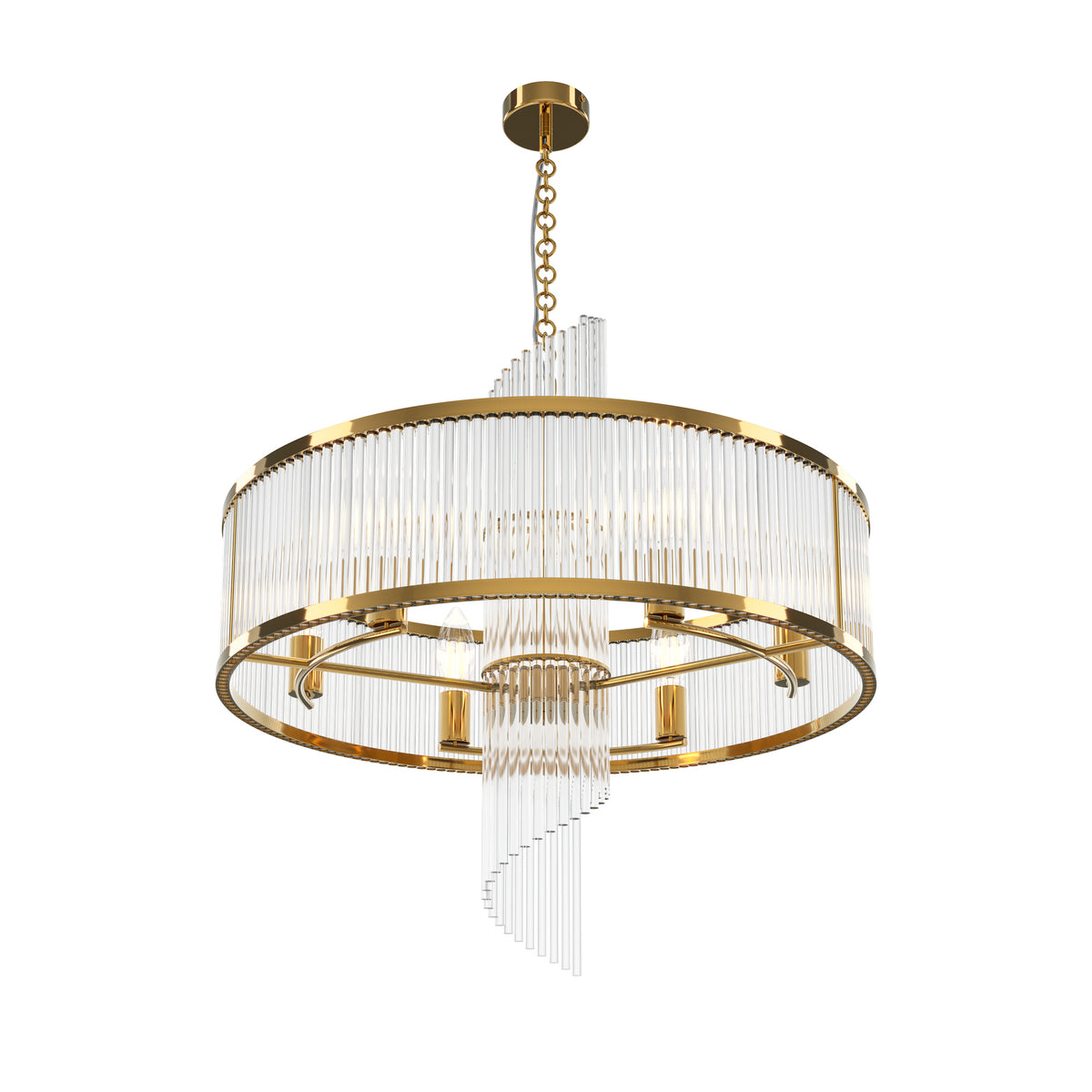 A modern cylindrical chandelier with a brushed gold metal frame, clear glass fluted rings, and cascading clear glass rod accents, suspended by a gold chain against a plain white background.