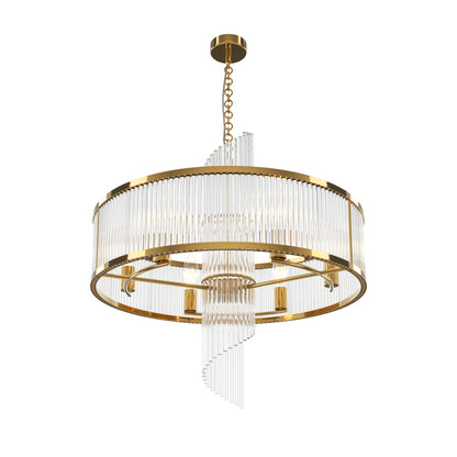 A modern cylindrical chandelier with a brushed gold metal frame, clear glass fluted rings, and cascading clear glass rod accents, suspended by a gold chain against a plain white background.