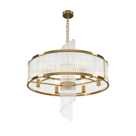 A modern cylindrical chandelier with a brushed gold metal frame, clear glass fluted rings, and cascading clear glass rod accents, suspended by a gold chain against a plain white background.