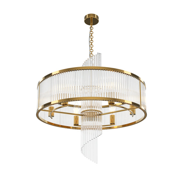 A modern cylindrical chandelier with a brushed gold metal frame, clear glass fluted rings, and cascading clear glass rod accents, suspended by a gold chain against a plain white background.