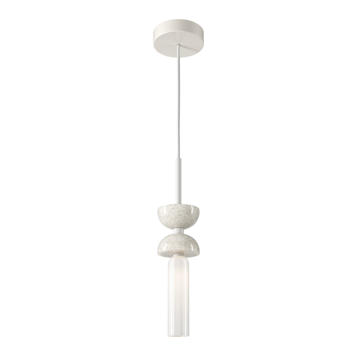 White pendant light with a cylindrical shade on a white background
