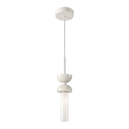 White pendant light with a cylindrical shade on a white background