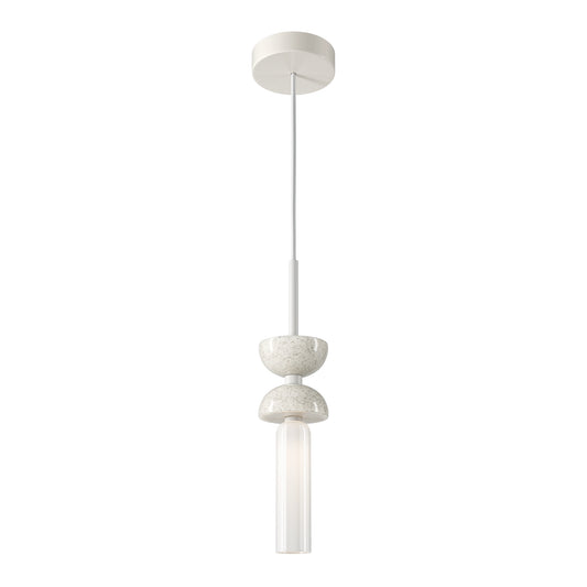 White pendant light with a cylindrical shade on a white background