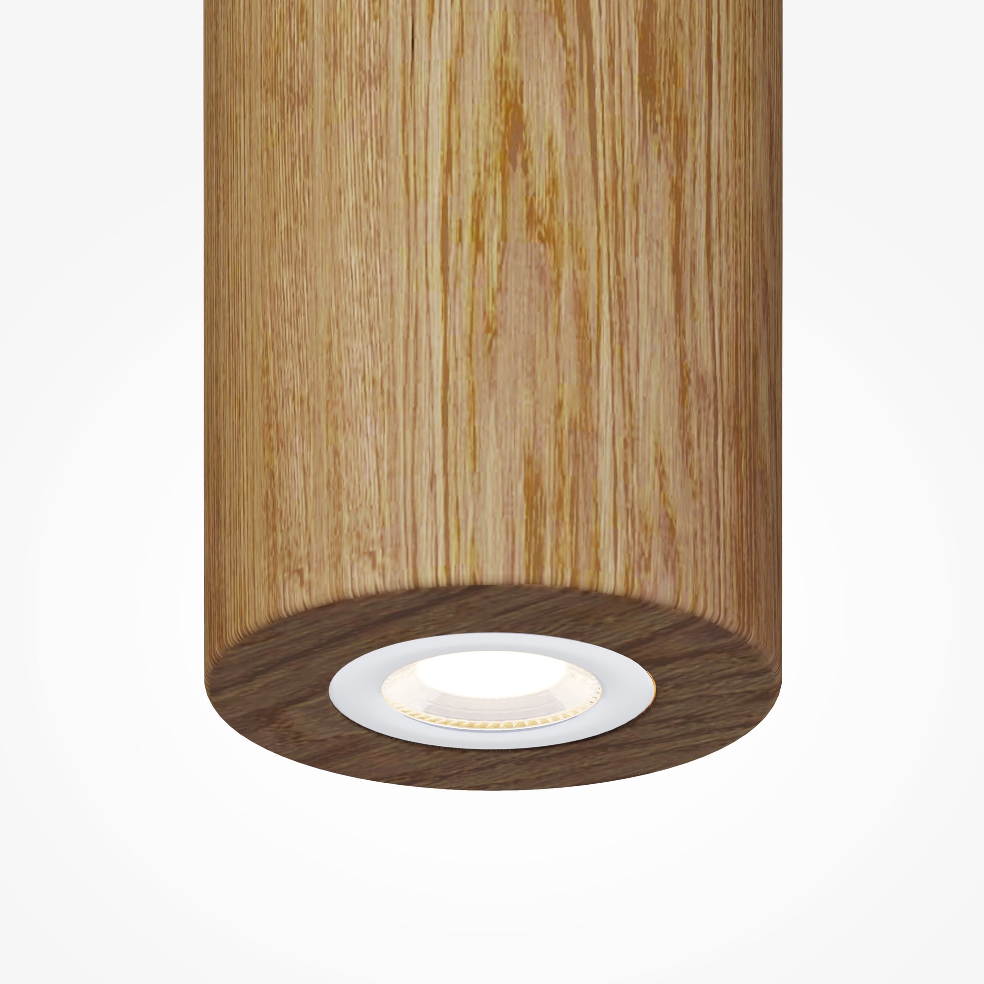 Wooden cylindrical light fixture on a white background