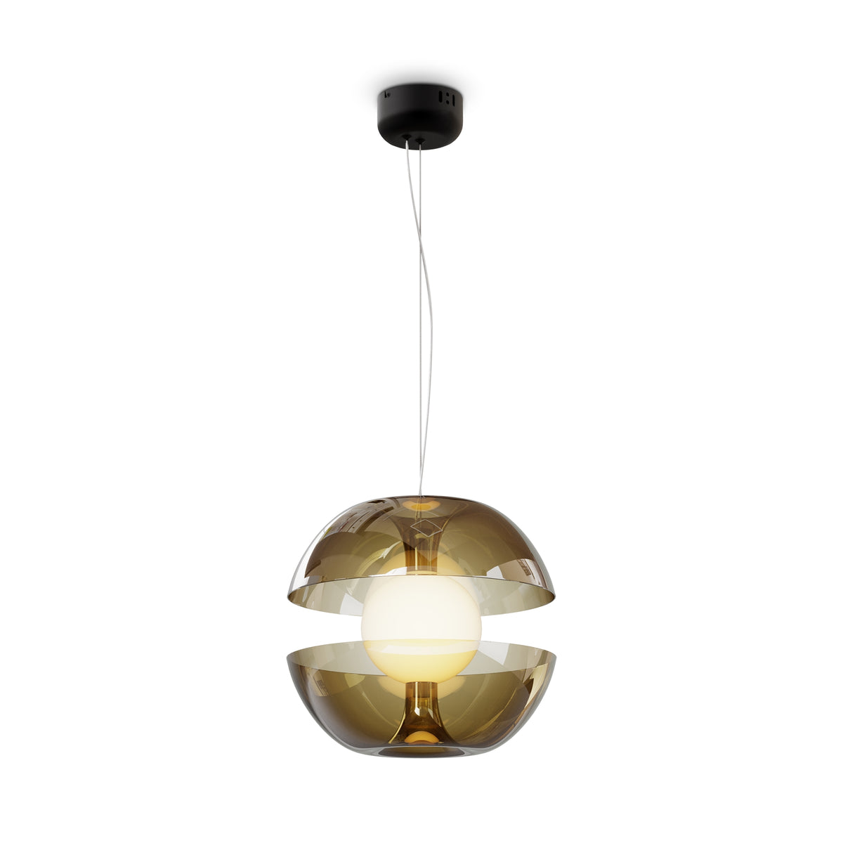 Modern pendant light with glass shade on a white background