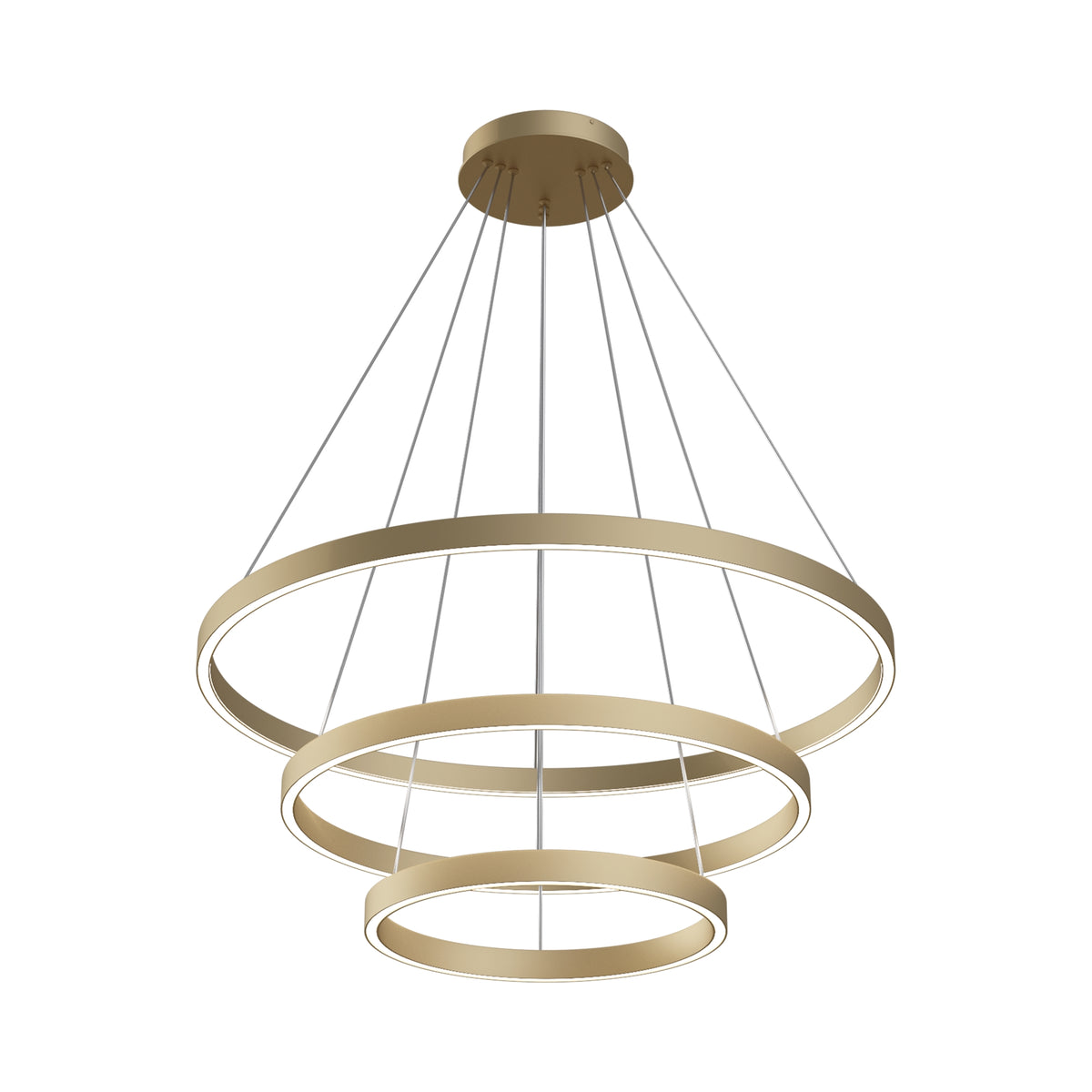 Gold pendant light with three circular designs on a white background