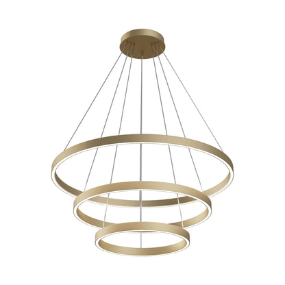 Gold pendant light with three circular designs on a white background