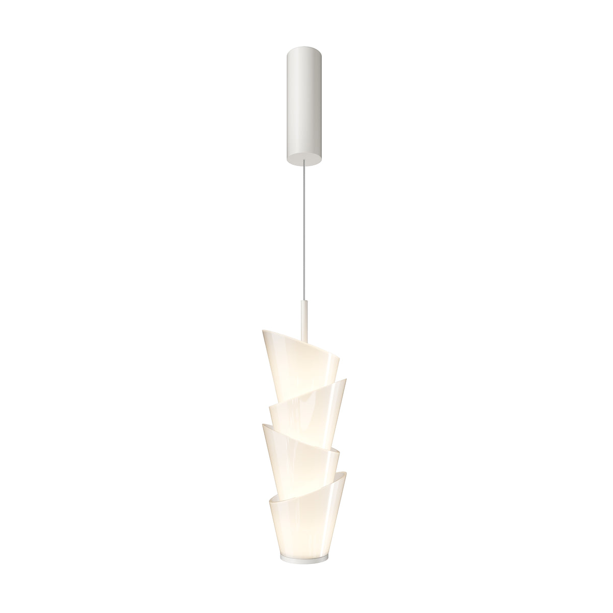 Modern pendant light with white glass shade on a white background