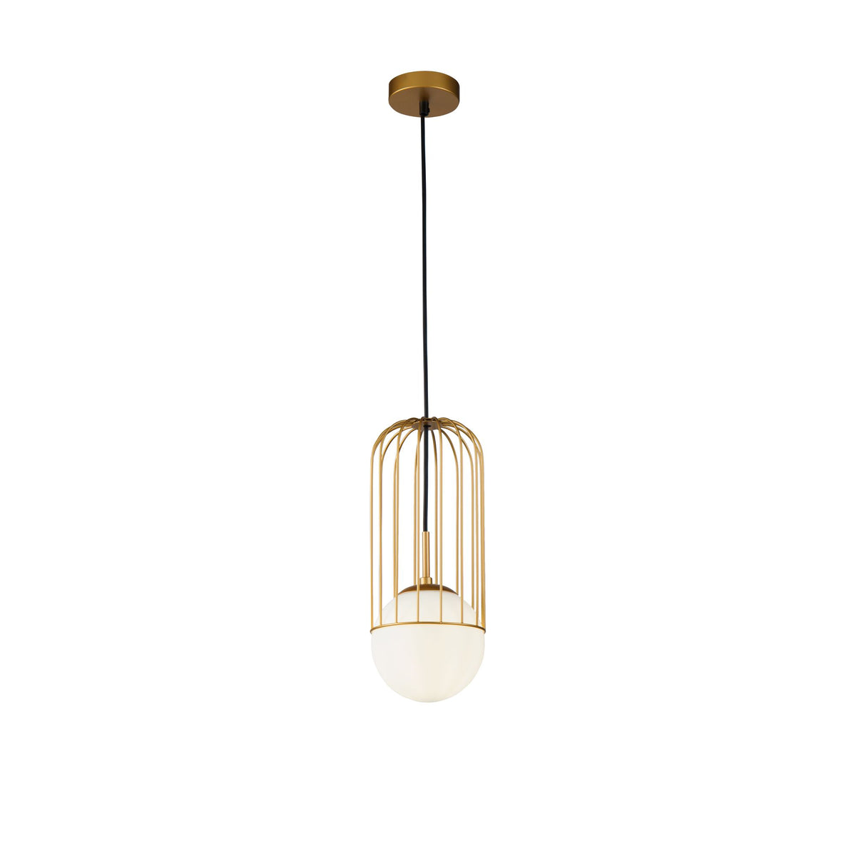Gold pendant light with a white bulb on a white background