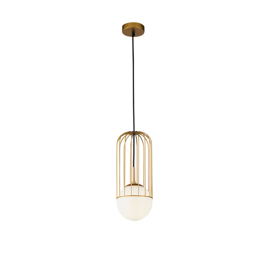 Gold pendant light with a white bulb on a white background