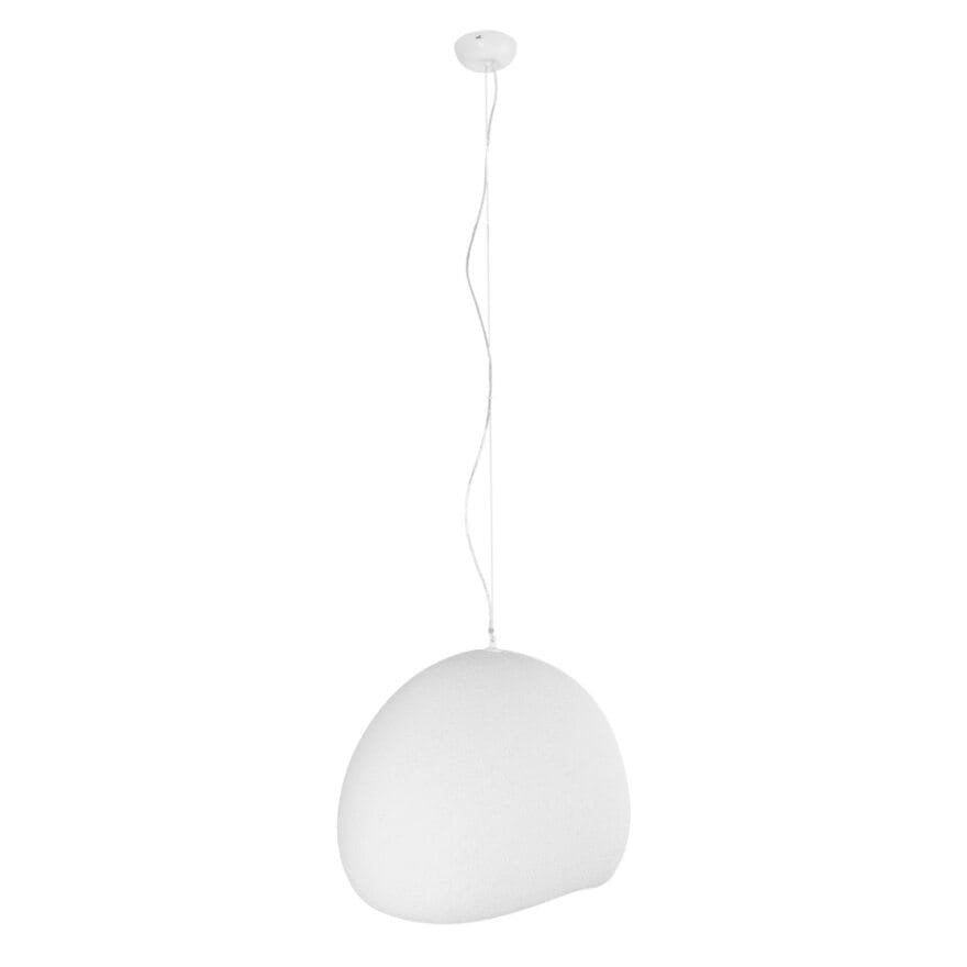 A modern white pendant light with a smooth, organic teardrop-shaped shade, suspended by a thin white cord from a matching ceiling canopy against a solid white background.