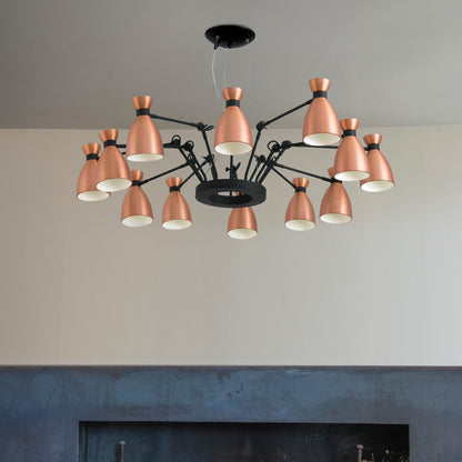 Modern chandelier with copper-colored lights in a living room setting.